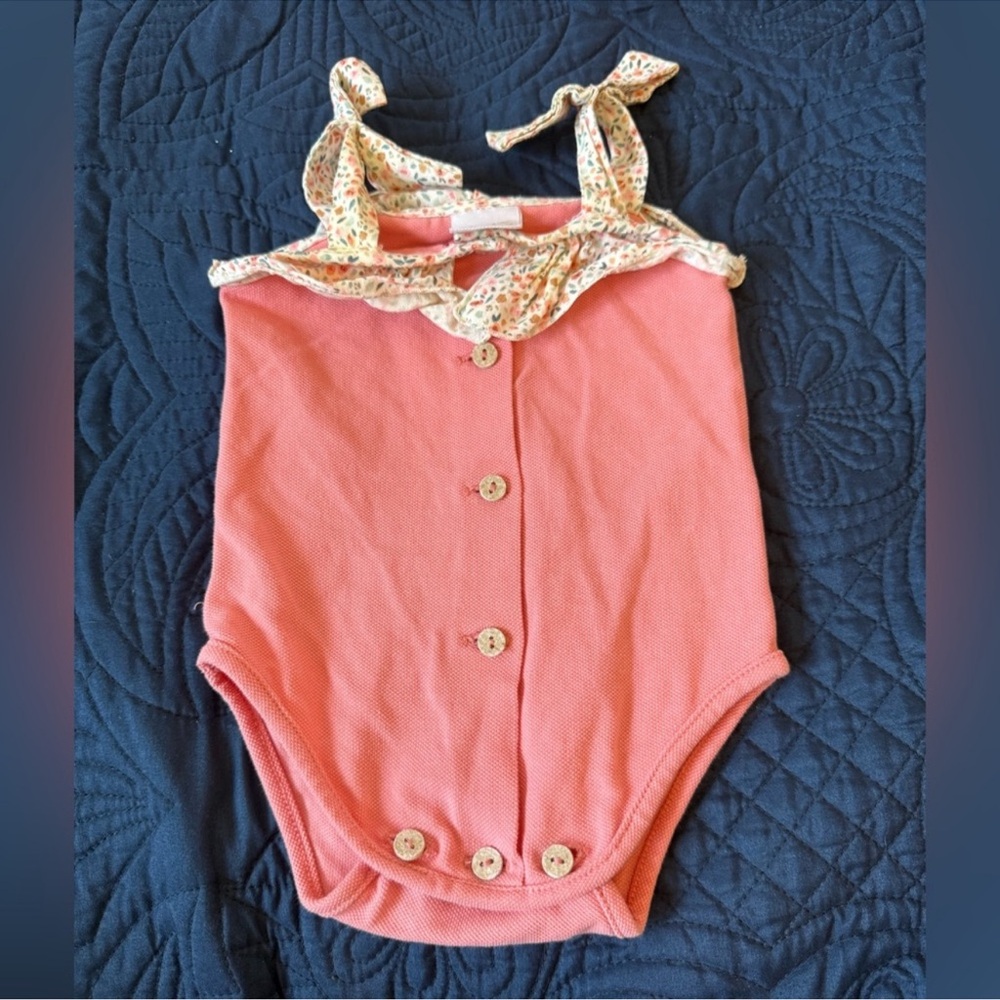 Coral Pink Button-Front Baby Romper with Floral Tie Straps